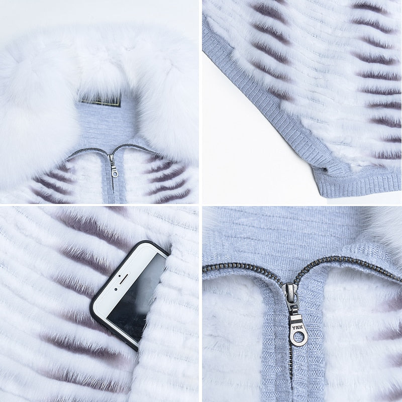 Women's Winter Warm Striped Real Fox Fur Batwing Sleeves Knitted Jackets