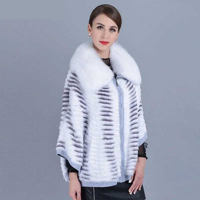 Women's Winter Warm Striped Real Fox Fur Batwing Sleeves Knitted Jackets