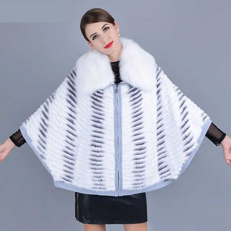 Women's Winter Warm Striped Real Fox Fur Batwing Sleeves Knitted Jackets