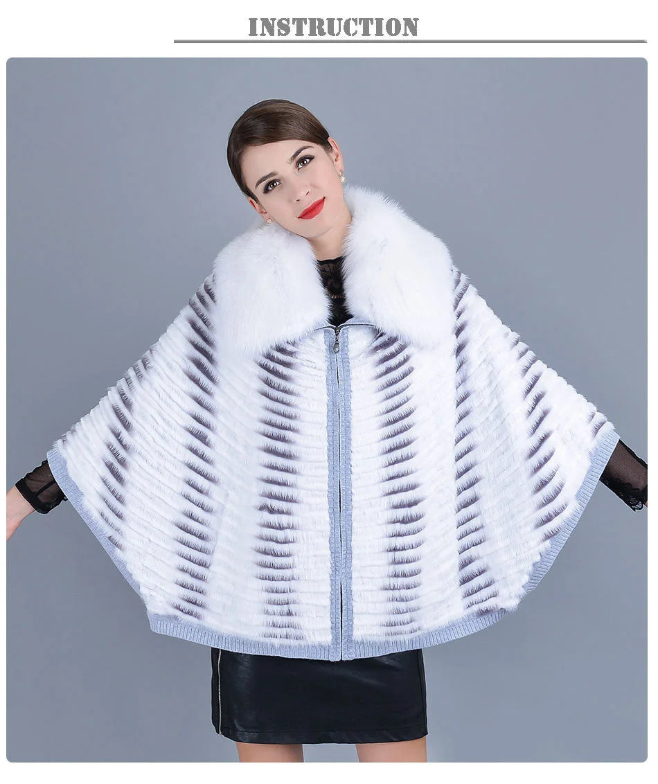 Women's Winter Warm Striped Real Fox Fur Batwing Sleeves Knitted Jackets