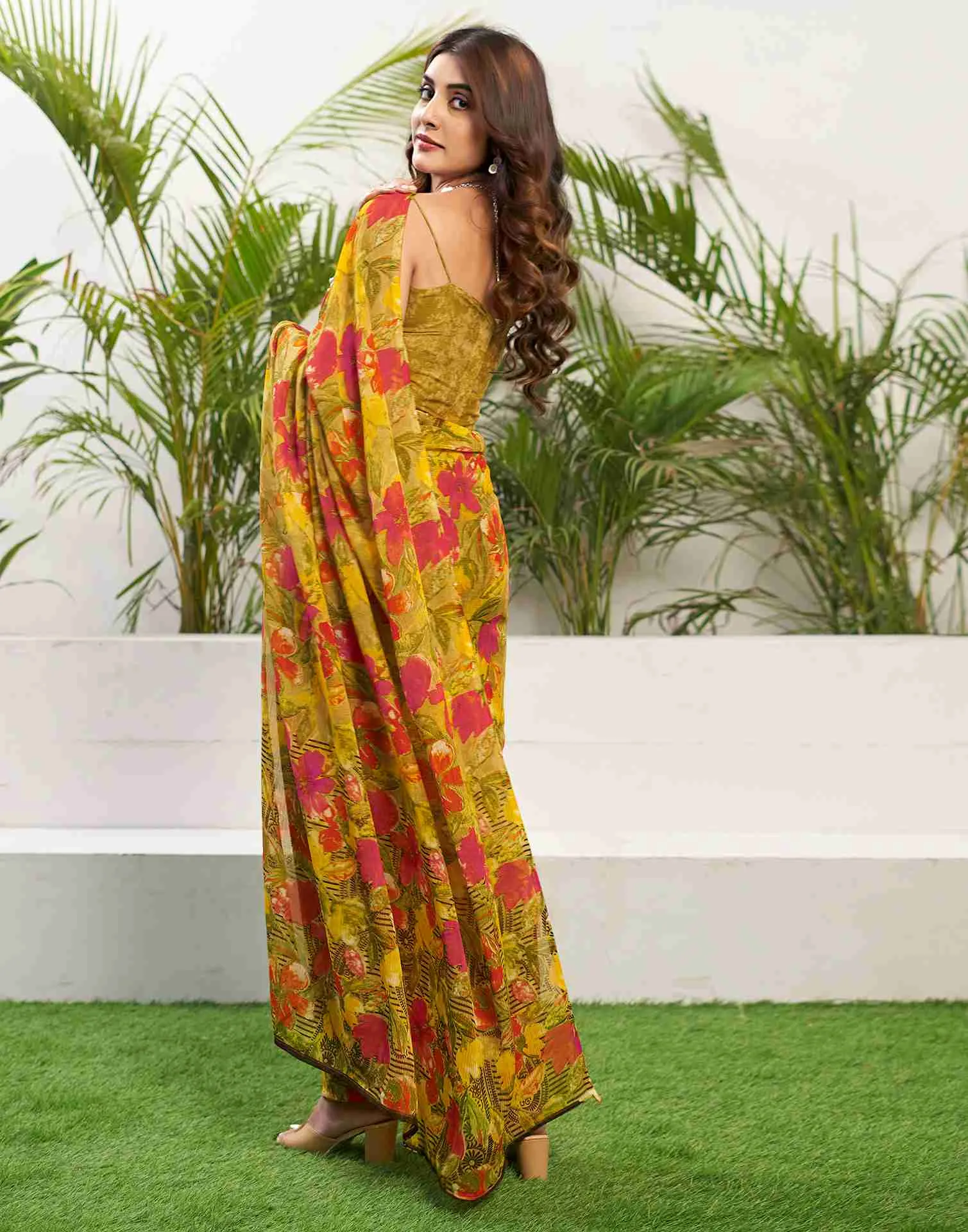 Yellow Chiffon Printed Saree