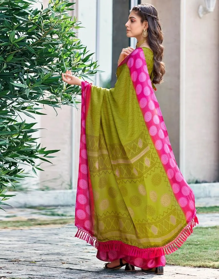 Yellow Green Cotton Printed Sarees