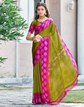 Yellow Green Cotton Printed Sarees