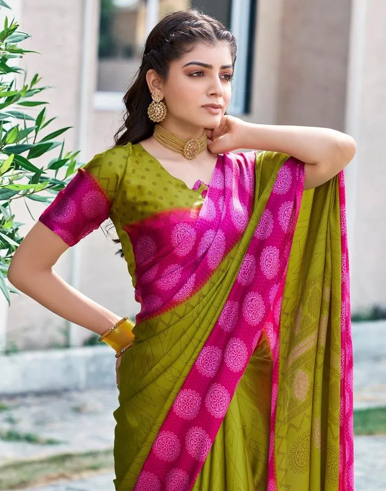 Yellow Green Cotton Printed Sarees