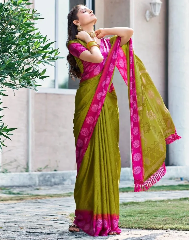 Yellow Green Cotton Printed Sarees