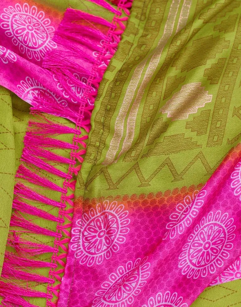 Yellow Green Cotton Printed Sarees