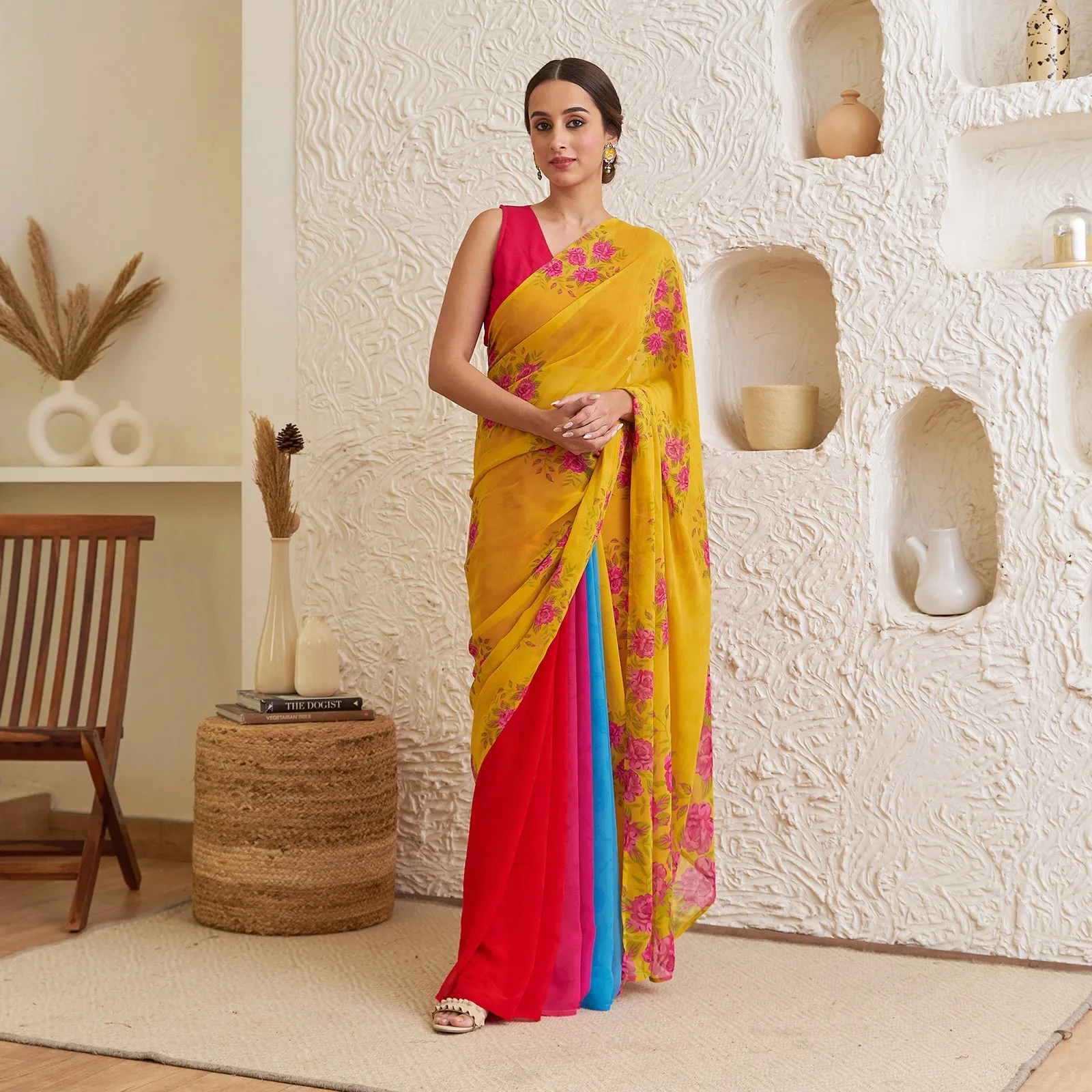 Yellow Pure Georgette Floral Multicolour Half & Half Saree