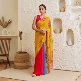 Yellow Pure Georgette Floral Multicolour Half & Half Saree