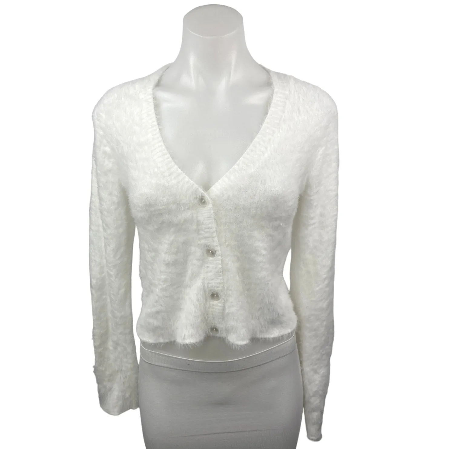 Zara White Eyelash Knit V Neck Button Down Cropped Cardigan Sweater Top Size S